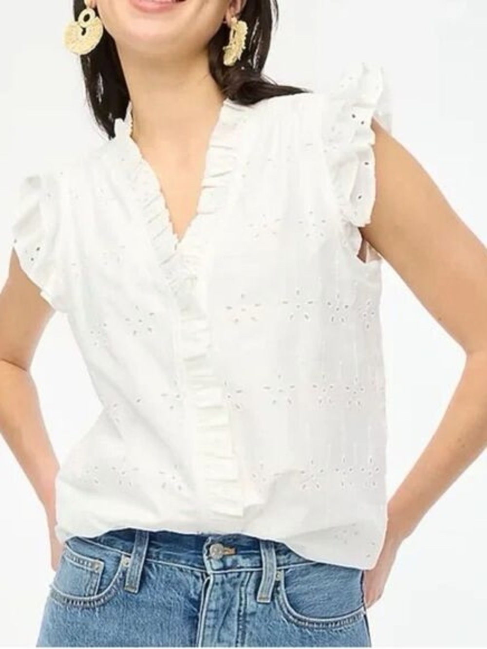 J. Crew White Eyelet Ruffle V-Neck Blouse